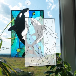 Digital pattern PSD Orca and baby orca, killer whales Stained glass Window panel, Home decoration from Ukraine