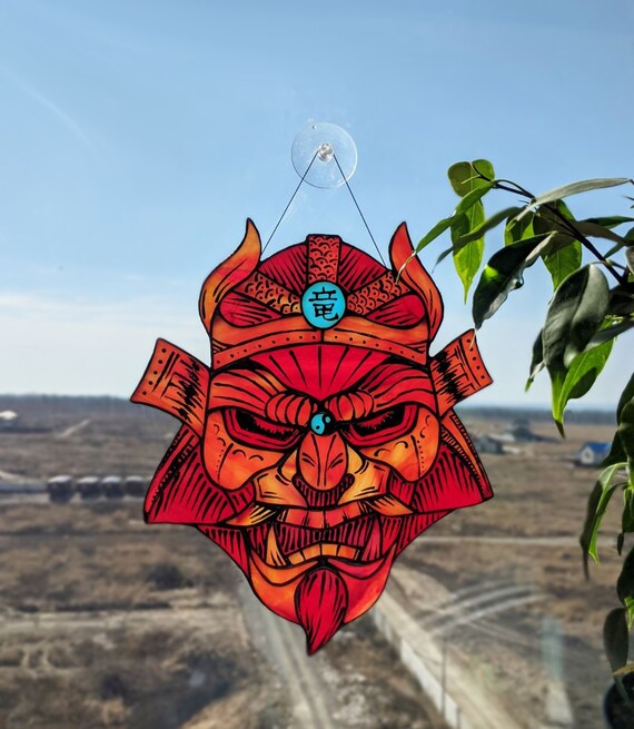 Samurai Mask Stained Glass Window Panel Stained Glass Window Etsy