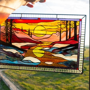 Window Panel Sunset Stained Glass Window Panel — Landscape Mountain Sunset, Large Window ...