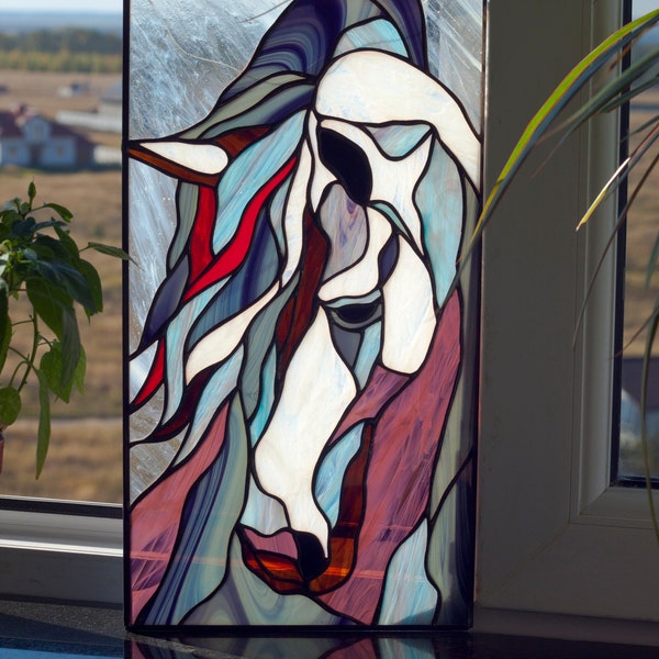 Unrestrained mustang horse Stained glass Window panel Stained glass Window hanging  Suncatcher Home decoration from Ukraine