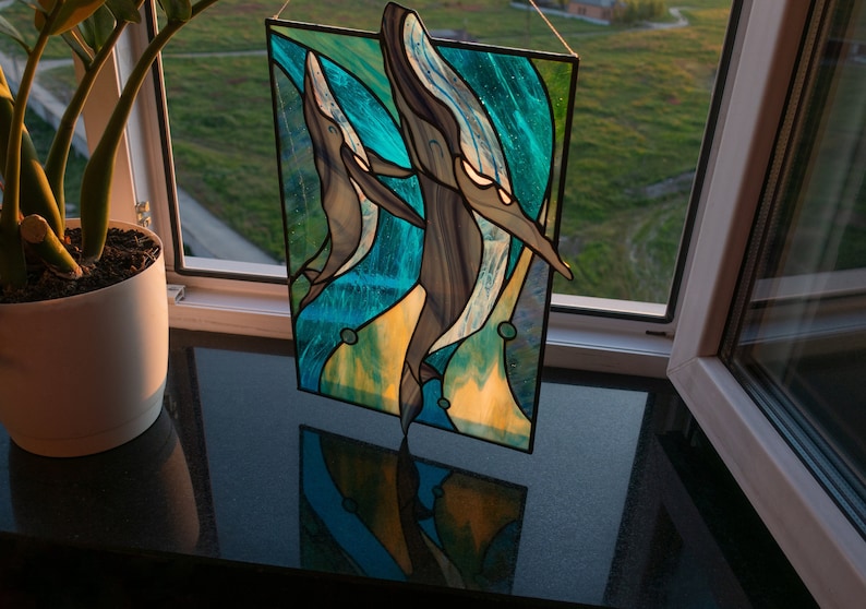 Stained Glass Panel — Blue Whale Ocean, Dual Hang Horizontal or Vertical, Whale Lover Gift image 2