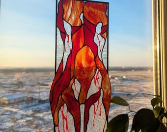 Abstract Female Figure Stained Glass Panel — Red Body Paint Art, Feminine Fine Art Decor