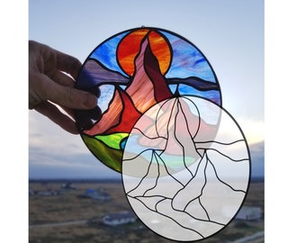 Digital pattern round Rocky mountains landscape Stained glass Window panel