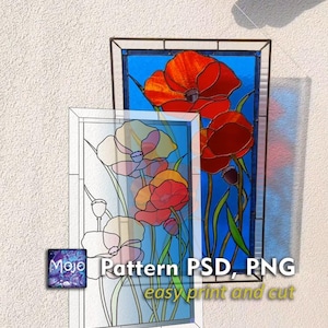 May include: A stained glass window pattern featuring three red poppies with green leaves and stems on a blue background. The pattern is printed on a clear sheet of paper with the text "Pattern PSD, PNG easy print and cut".