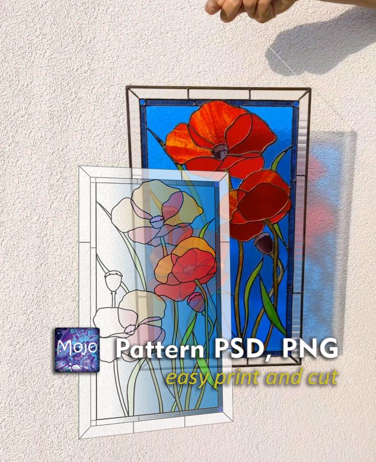 Digital Pattern Jpeg, PSD Red Poppies Rectangular Stained Glass Window ...