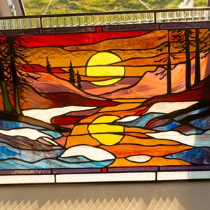 Sunset Landscape Stained Glass Panel: Window Hanging Home Decor
