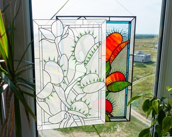 Digital pattern PSD rectangle blooming Venus Fly Trap Stained glass Window panel, Home decoration from Ukraine