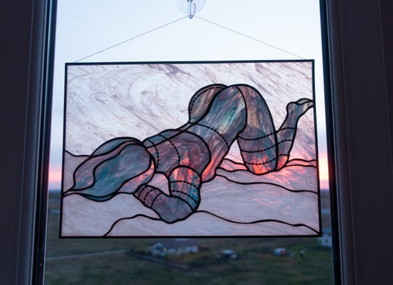 Abstract Female Figure Stained Glass Panel — Line Art Body, Minimalist Fine Art Window Decor