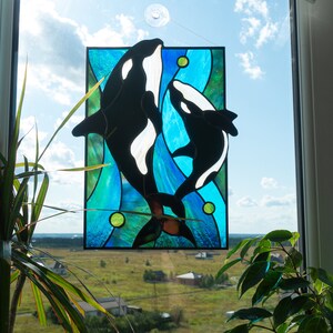 Stained Glass Panel — Orca and Baby Killer Whale, Ocean Window Hanging, Whale Lover Gift