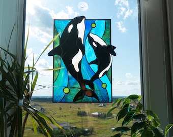Målat glaspanel — Späckhuggare och späckhuggarunge, fönsterhänge i havet, present till valälskare