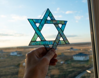 Star Of David Suncatcher, Stained glass Window panel, Jewish home Window hanging  home decoration from Ukraine
