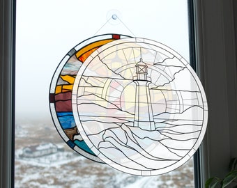 Digital pattern lighthouse in the sunshine round ornaments Stained glass Window panel PSD PNG
