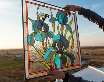 Stained Glass Window Panel — Blue Iris Flowers, Large Square Floral Hanging, Mothers Day Gift