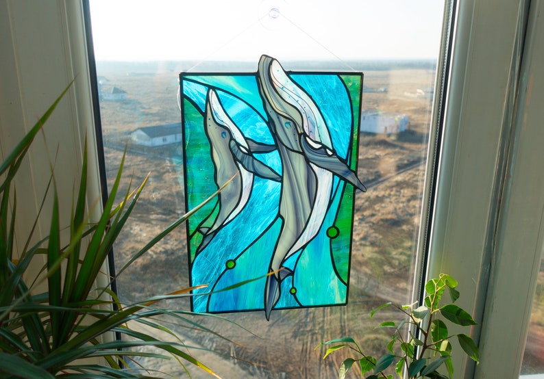 Stained Glass Panel — Blue Whale Ocean, Dual Hang Horizontal or Vertical, Whale Lover Gift image 4