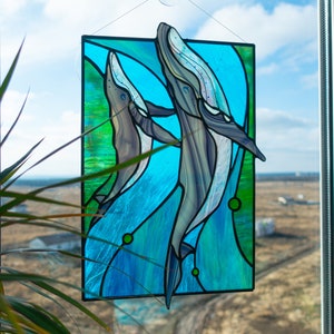 Blue whales Stained glass Window panel, Whale with baby Window hanging, humpback whales Suncatcher, Home decoration from Ukraine