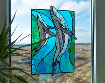 Blue whales Stained glass Window panel, Whale with baby Window hanging, humpback whales Suncatcher, Home decoration from Ukraine