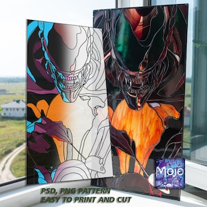 Può includere: Due opere d'arte in vetro colorato che raffigurano una creatura con denti aguzzi e una lunga coda. Il pezzo a sinistra è un contorno in bianco e nero della creatura, mentre il pezzo a destra è una versione in vetro colorato della creatura. Il testo "PSD, PNG PATTERN EASY TO PRINT AND CUT" è in basso nell'immagine.