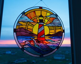 Lighthouse ornament Stained glass Window panel, Stained glass Window hanging,  Suncatcher flower, window home decor, from Ukraine