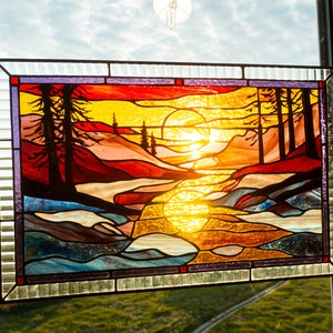 Window Panel Sunset Stained Glass Window Panel — Landscape Mountain Sunset, Large Window ...