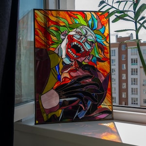 Creepy clown Stained glass Window panel, Stained glass Window hanging, from Ukraine