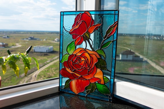 Red Roses Stained Glass Suncatcher — Romantic Floral Window Art, Anniversary Valentine Gift Her