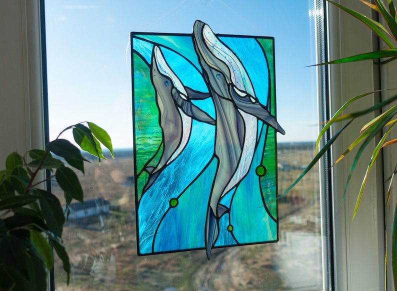 Stained Glass Panel — Blue Whale Ocean, Dual Hang Horizontal or Vertical, Whale Lover Gift image 3