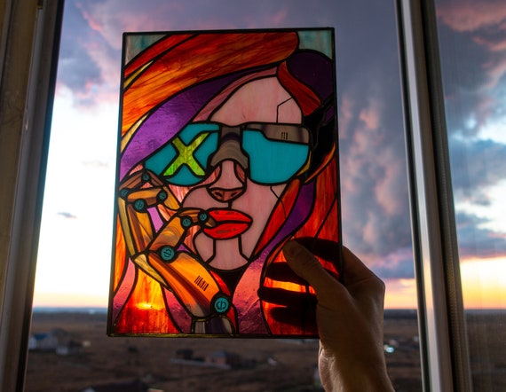 Stained Glass Panel — Cyberpunk Girl Sci-Fi Window Hanging, Neon Futuristic Decor, Gamer Gift
