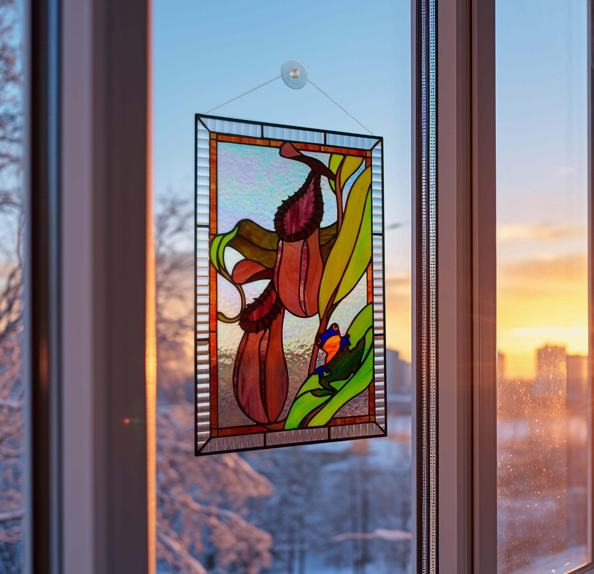 Nepenthes Pitcher Plant Stained Glass Panel — Blue Frog