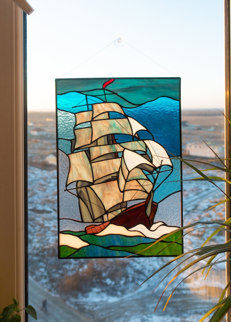 Sailing Ship Stained Glass Window Panel Stained Glass Window Etsy