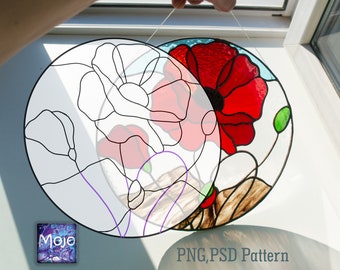 Digital pattern jpeg, PSD Red poppies round Stained glass Window panel