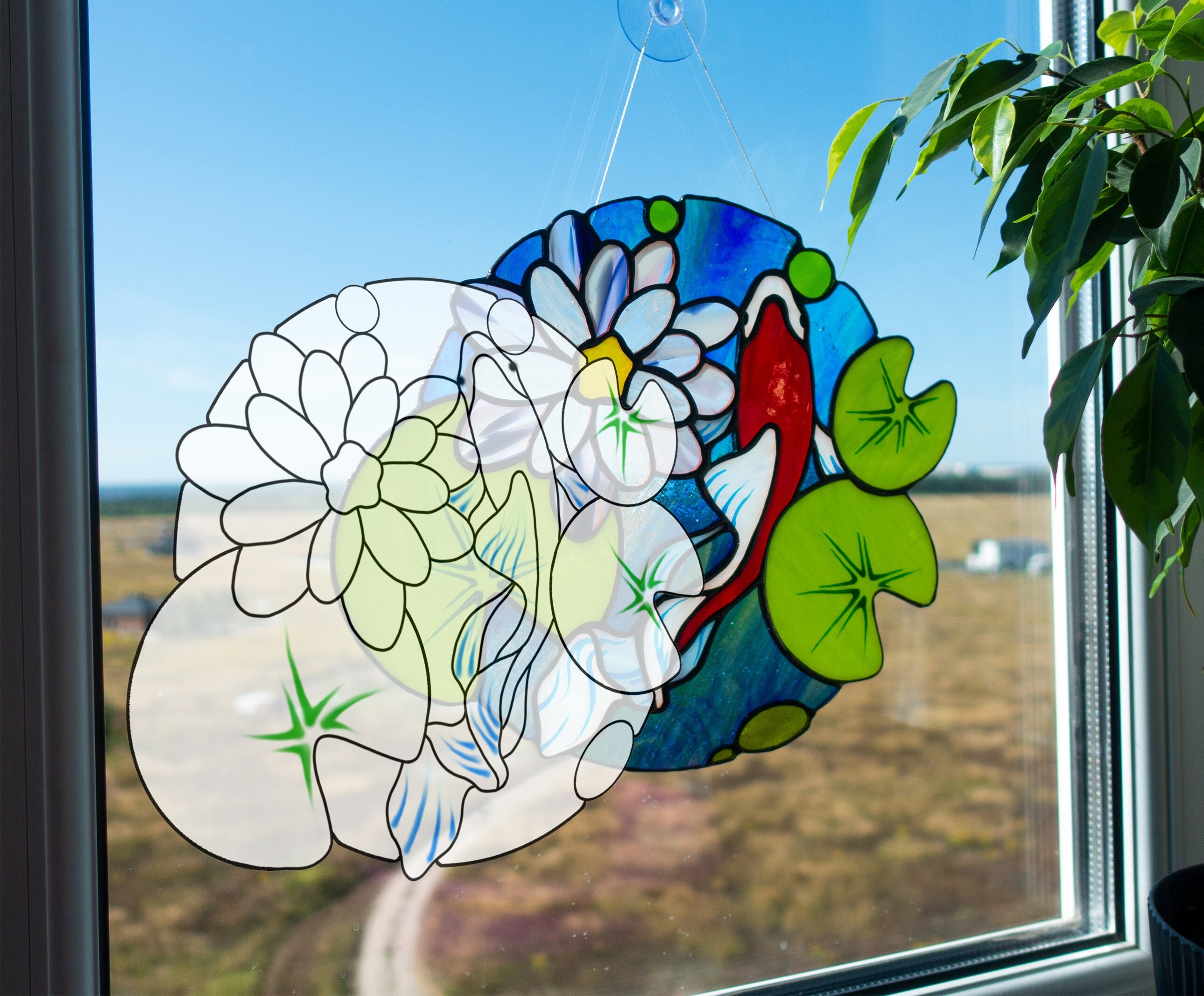 Stained Glass Koi Fish Pattern: Water Lilies & Lotus Window Panel ...
