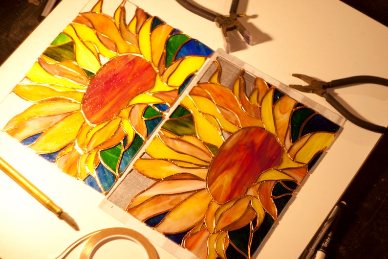 Sunflower Stained Glass Window Panel Stained Glass Window Etsy