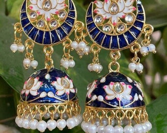 Parure de bijoux en perles de style Bollywood Chandbali, boucles d'oreilles kundan, parure de boucles d'oreilles de mariée, bijoux indiens, Kundan Jhumka