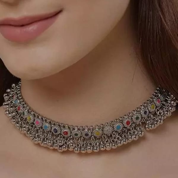 Antique Look Indian Oxidised Choker Necklace Jewelry Set With Earrings For Women & Girls / Bollywood Pearl Oxidized Necklace Jewellery Set