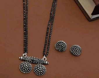 Oxidised Silver Mangalsutra, Black Beads Long Mala Style Mangalsutra, Religious Traditional Mangalsutra, Temple Long Indian Jewelry