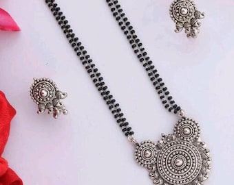 Indian Oxidised Silver Mangalsutra, Black Beads Long Mala Style Mangalsutra, Religious Traditional Mangalsutra, Temple Long Indian Jewelry