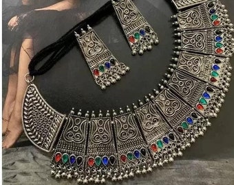 Bollywood Indian Black Choker Jewelry Set with Earrings / Oxidised Necklace  Set For Gifts /Oxidized Choker Necklace Set For Women & Girls