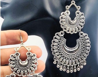 Latest Chandelier Indian Oxidized Silver Jewelry Earrings/ Traditional Silver Jhumka Earrings/ Baliyaan/ Bollywood Handmade Earrings