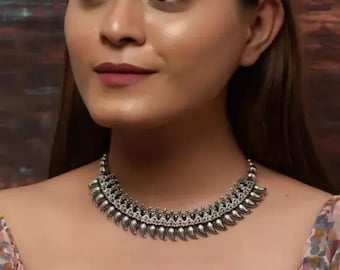 Indiase Duitse zilveren geoxideerde choker ketting set/verzilverde geoxideerde ketting sieraden set/Bollywood geïnspireerde choker set