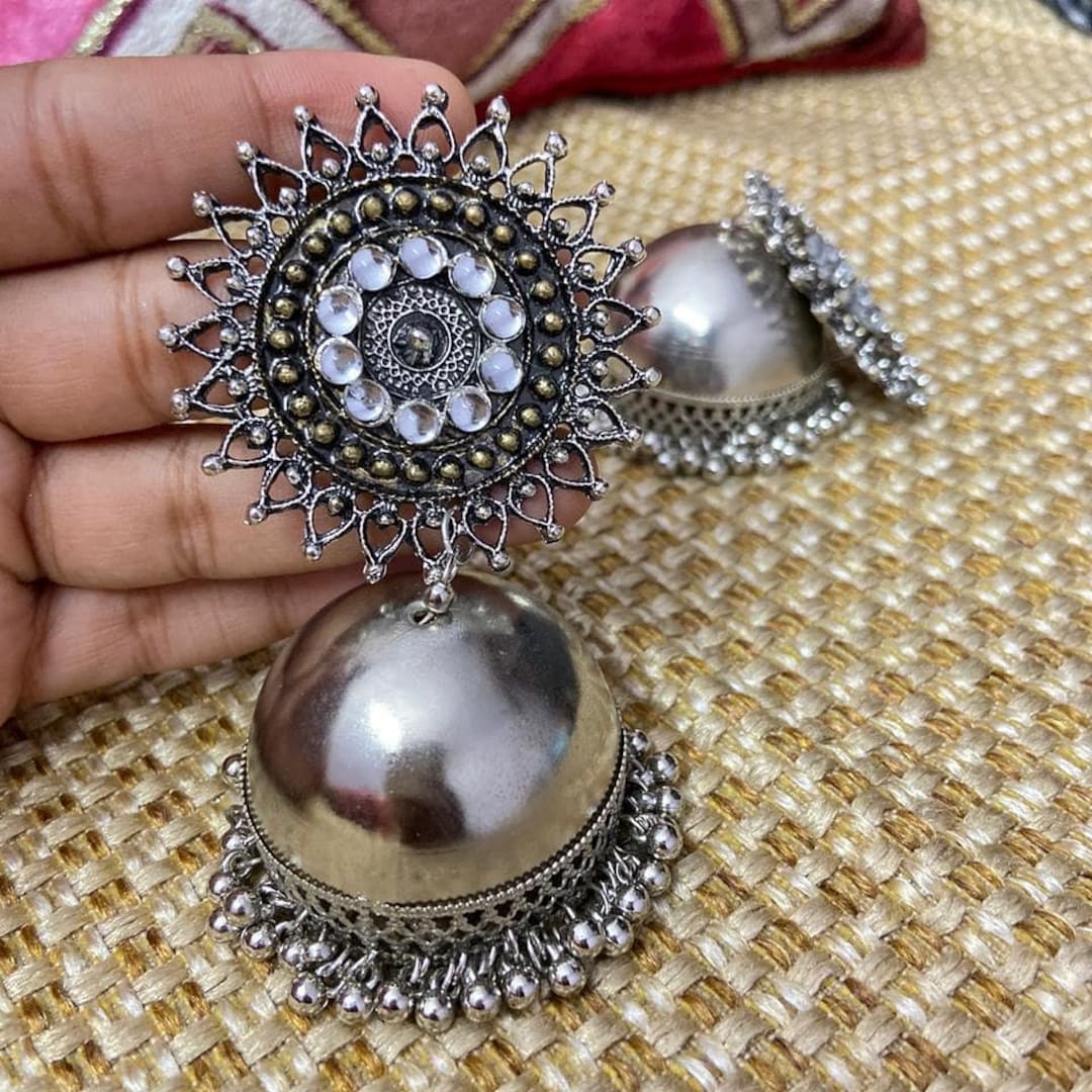 Buy Mirror Chandbaliya, Indian & Pakistani Jhumka, Party and Casuak Wear,  Handmade Silver Jhumka Jhumki, Oxidized Earrings, Mirror Earring Online in  India - Etsy