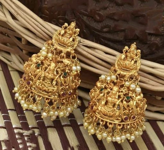 Maa Laxmi Design Gold Plated Temple Jhumka Earrings, South Indian