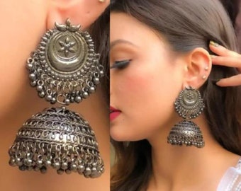 Black Polish Jhumka Indian Jewelry Oxidized Jewelry Oxidise Mirror Earrings Bollywood Earrings Afghani Tribal Jewelry Antique Jewelry