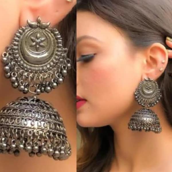 Black Polish Jhumka Indian Jewelry Oxidized Jewelry Oxidise Mirror Earrings Bollywood Earrings Afghani Tribal Jewelry Antique Jewelry