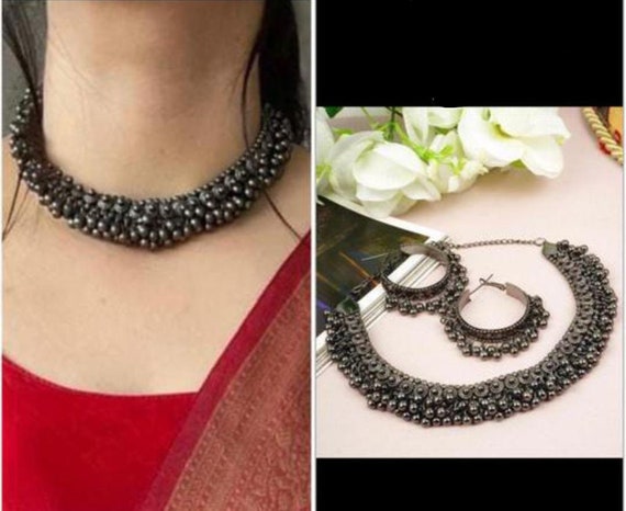 Black Ghungroo Oxidised Choker Set With Earrings Oxidised Jewellery Oxidised Necklace Indian Jewelry Fashionable Necklace Set With Hoops