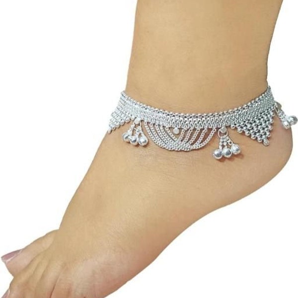 Indian Silver Finish Pure Metal Anklets Pair, Ghungroo Sound Payal, Indian Payzeb, Fancy Oxidised Silver Anklets, Toe Ring, Body Jewelry