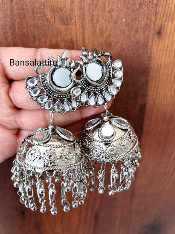 Mirror Long Heavy Silver earrings oxidised jewellery jhumka indian  jewellery earrings pakistani jewellery anniversary gifts