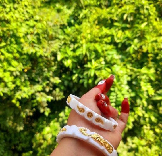 Bengali Marriage Symbol Shakha Pola White Bangle Set, White Gold
