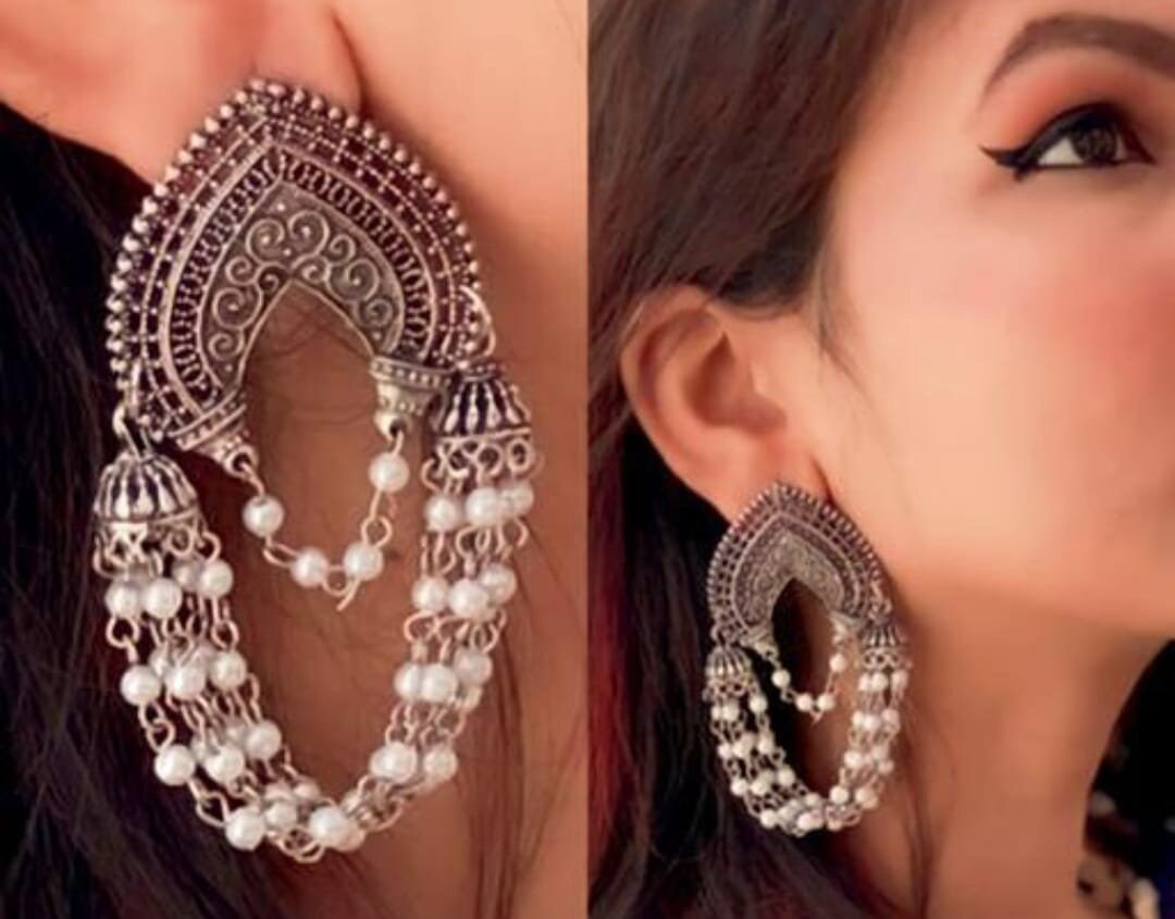 Silver Jhumkas Earrings Oxidised Indian Jewelry Afghani Jewelry