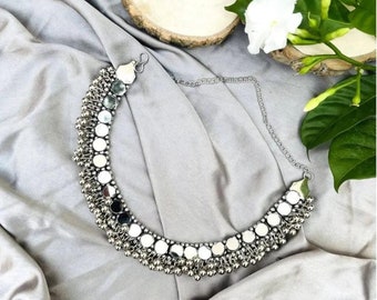 Spiegel verzilverde handgemaakte choker set / ketting / feestkleding / ketting / sieraden / Indiase traditionele sieraden / Bollywood-sieraden