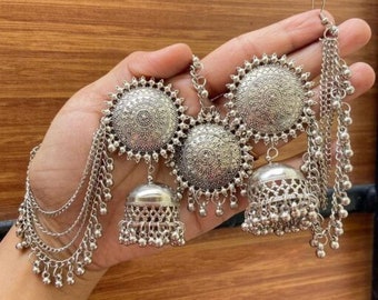 DESI HAWKER Silver Oxidized Earring Bali Jhumki Jhumka Jewelry Bollywood Drop Dangle Chandelier Floral Peacock Rhinestones NI-185 DESI HAWKER Silver Oxidized Earring Bali Jhumki Jhumka Jewelry Bollywood Drop Dangle Chandelier Floral Peacock Rhinestones NI-185